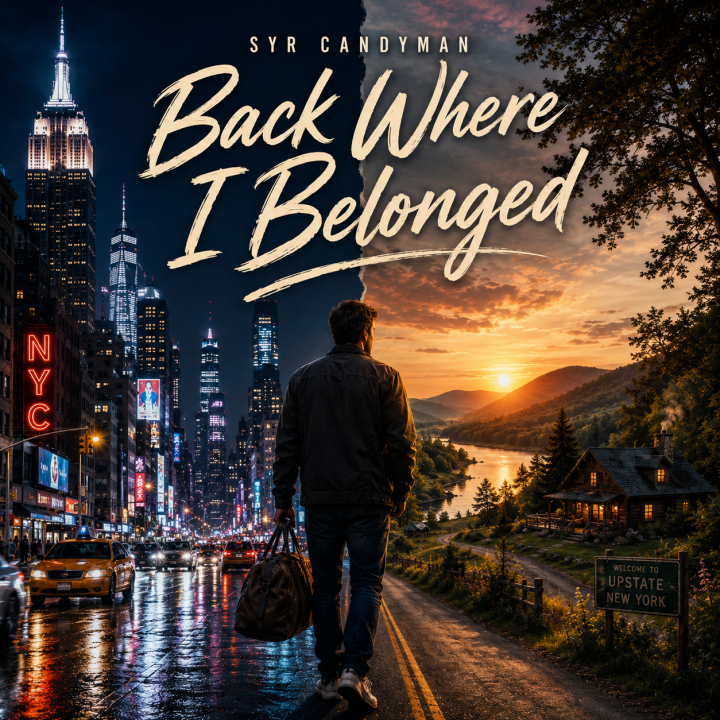 Back Where I Belonged Album Cover - man walking hald the image is a big city the other half is a small hometown near a lake
