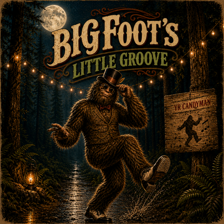 Big Foot's Little Groove album art - a sasquatch tap dancing in the woods