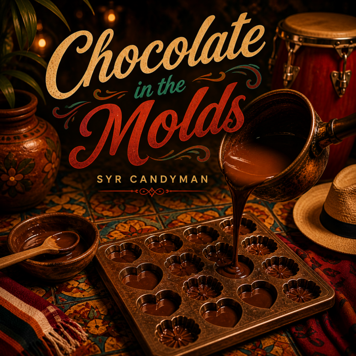 Chocolate In The Molds Album Cover - chocolate being poured into metal molds