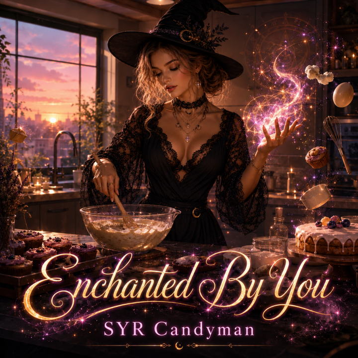 Enchanted By You album art - a modern witch cooking and casting spells in a kitchen