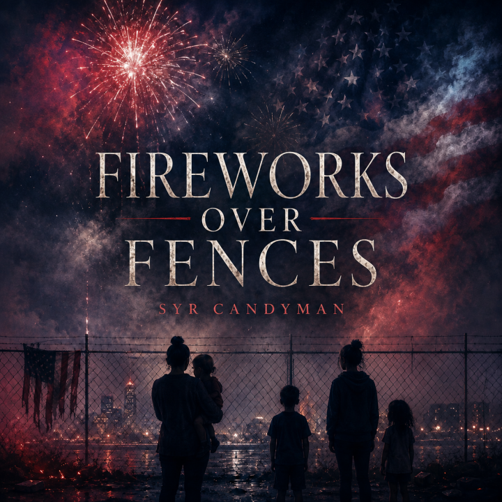 Fireworks Over Fences album art people watching fireworks over chain link fence with a tattered flag hanging