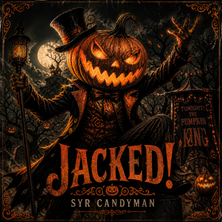Jacked album art - a dancing jack-o-lantern man as he dancing through the moonlight