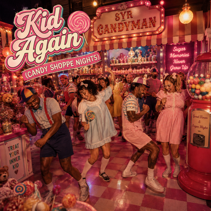 Kid Again (Candy Shoppe Nights) Album Cover - adults dressed as little kids dancing around a candy store