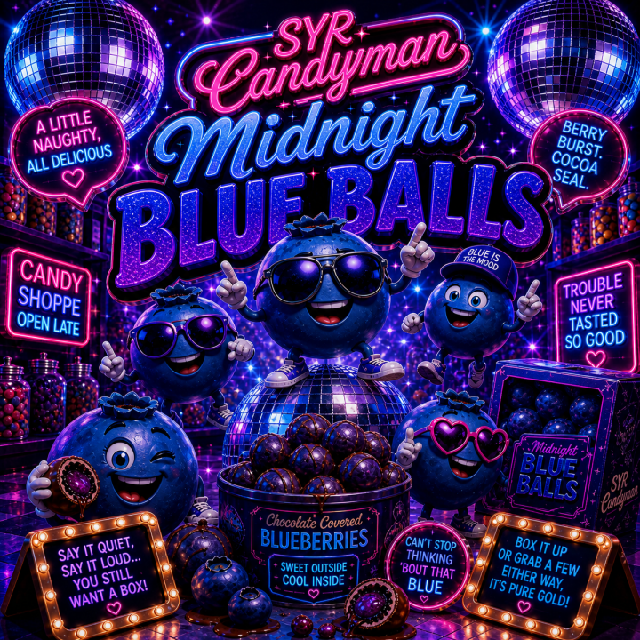 Midnight Blue Balls Album Cover - cartoon blueberries dancing in a club with mirrorballs
