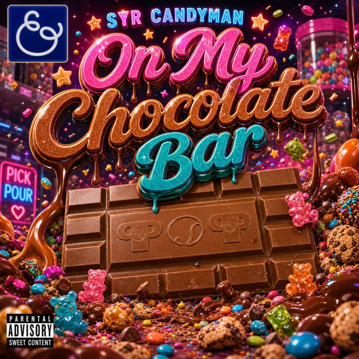 On My Chocolate Bar Album Cover - Chocolate bar surrounded by various sweet ingredients