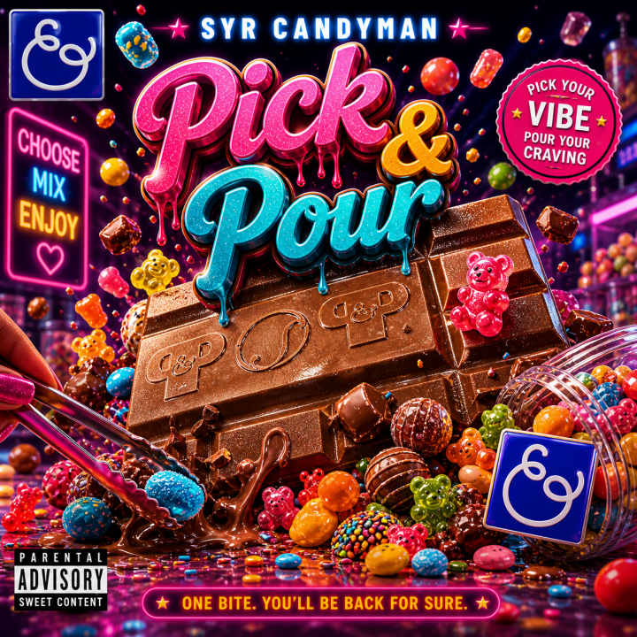 Pick & Pour Album Cover with chocolate bar and various candies