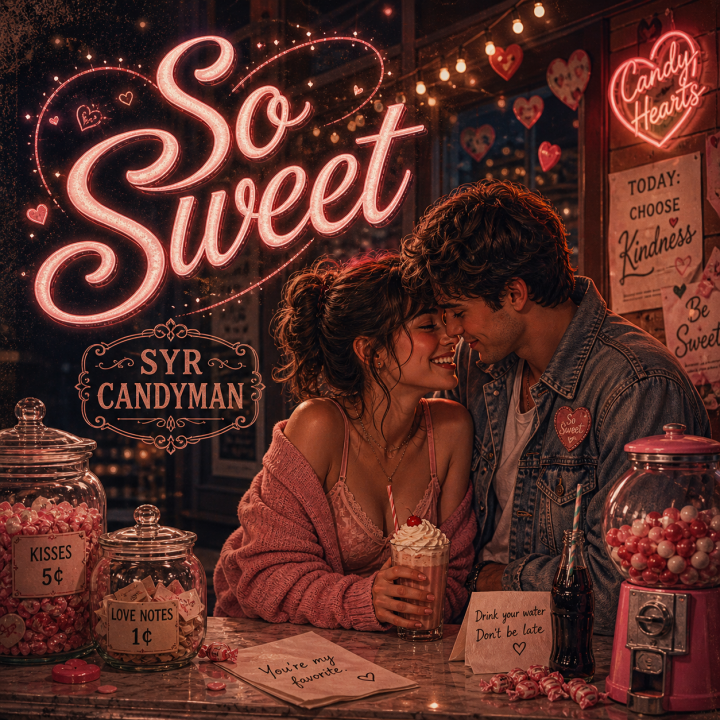 So Sweet Album Cover - Guy and Girl embracing in a retro candy store