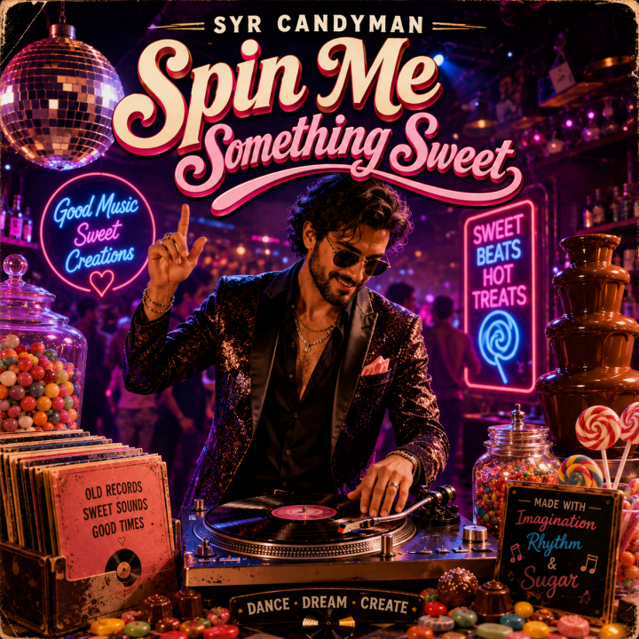 Spin Me Something Sweet Album Art - DJ mixing in the middle of a candy store