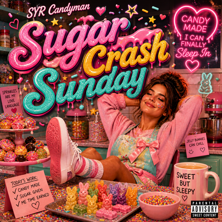 Sugar Crash Sunday Album Cover - woman relaxing in a candy kitchen