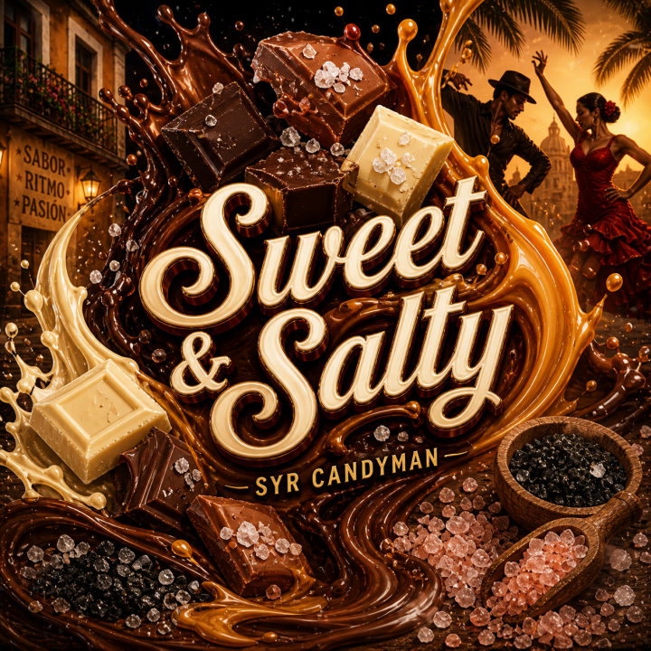 Sweet and Salty Album art - salt and swirls of chocolate with salsa dancers in the background