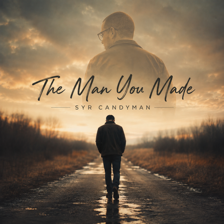 The Man You Made Album Cover a man walking down a road with the ghost of his father hovering over him