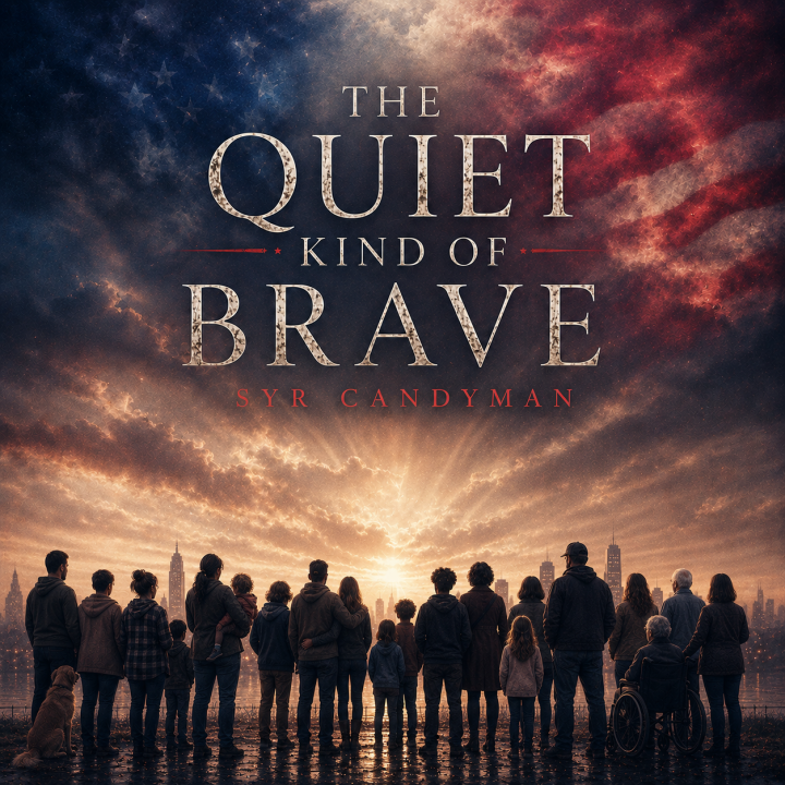The Quiet Kind Of Brave album art people looking at the sunrise over a city with red white and blue colors in the sky