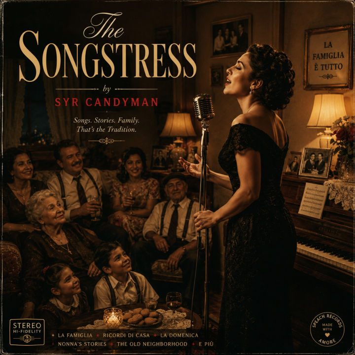 The Songstess Album Cover - woman singing in living room with family gathered