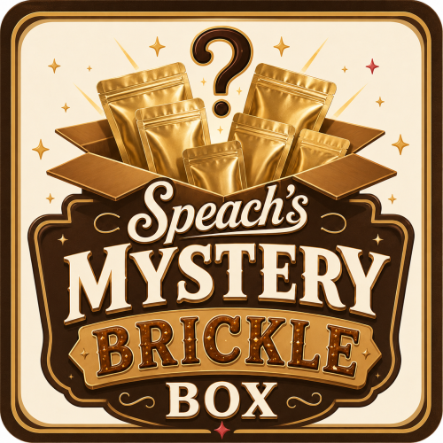 Speach's Mystery Brickle Box logo - gold stand up pouches inside a shipping box